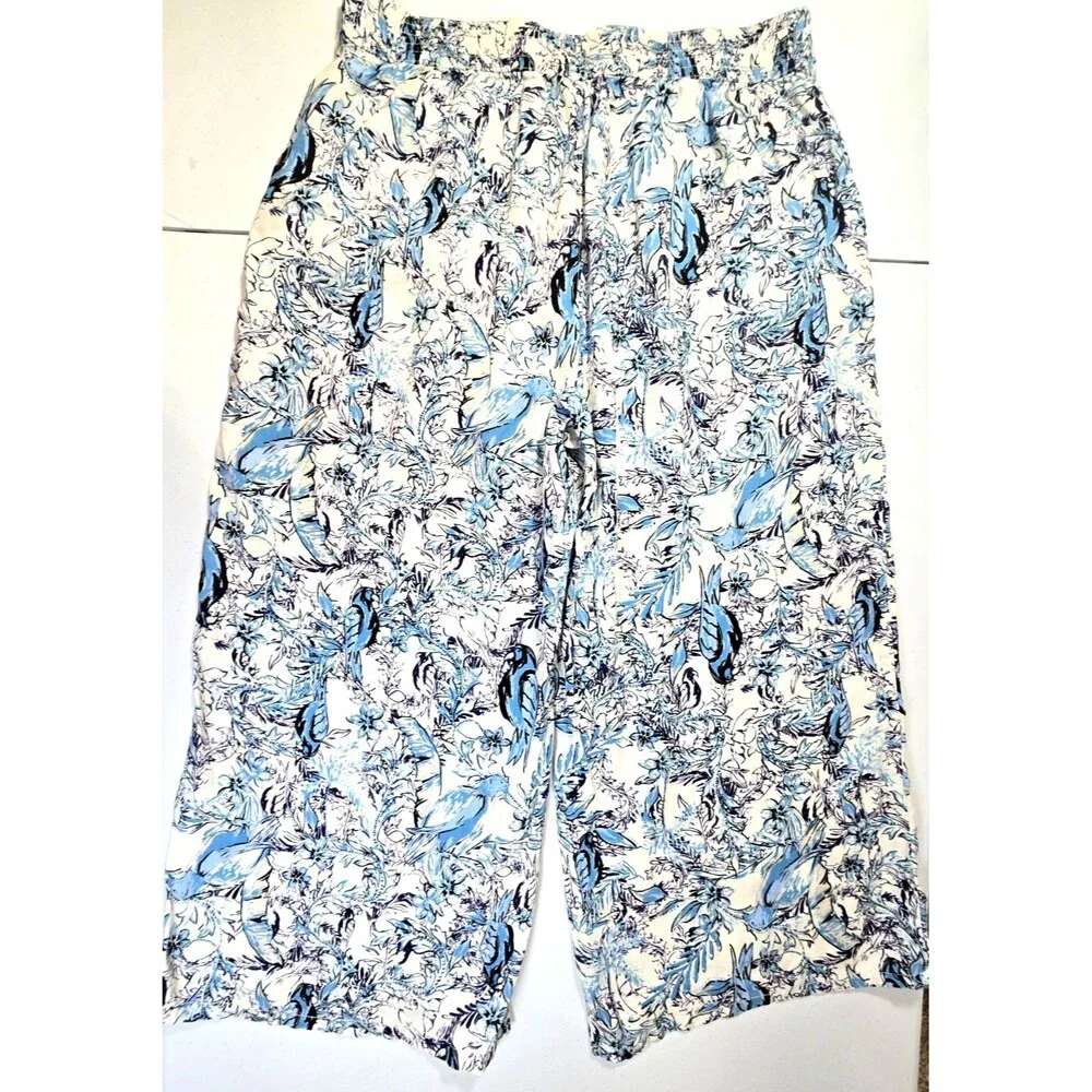Tahari Women’s 100% Linen Woven Wide-Leg Pull-On Floral Pants Blue/White SZ XL